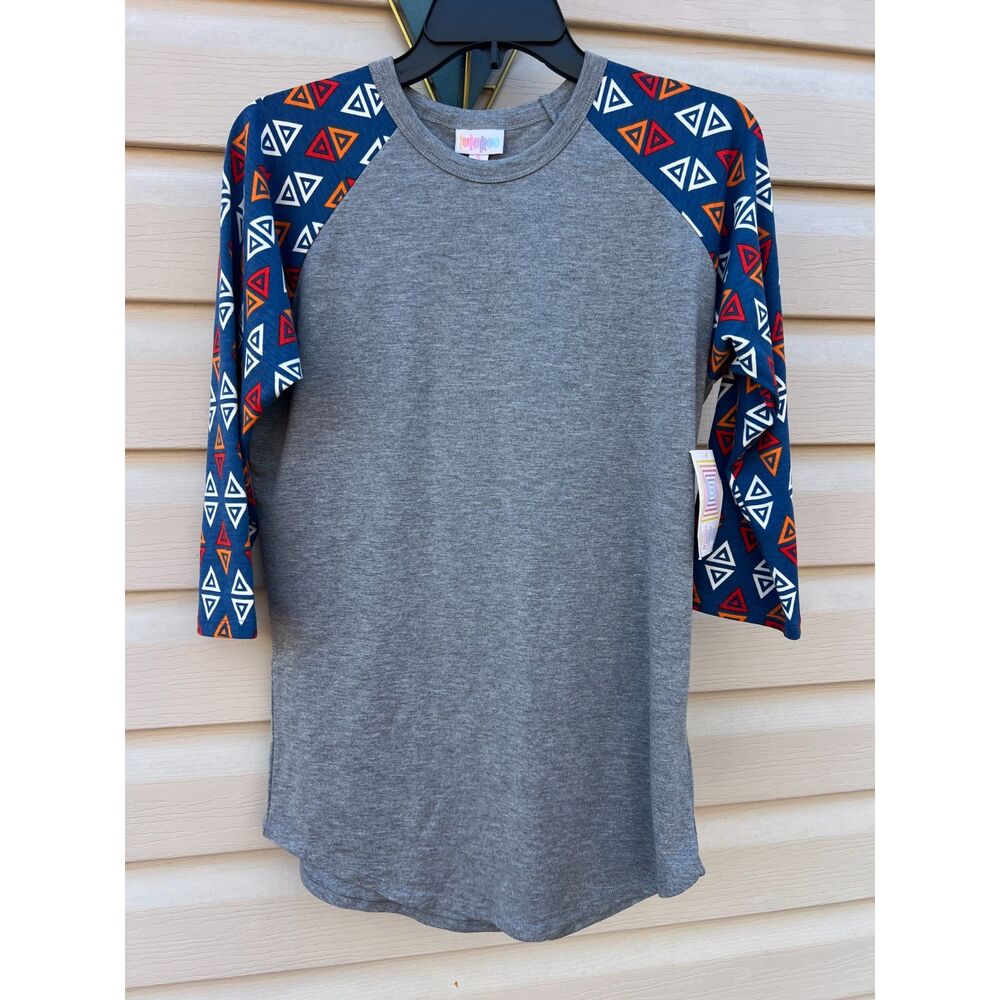 NWT LuLaRoe Randy Baseball Tee Shirt Small Gray Blue Geometric Raglan Sleeve Top